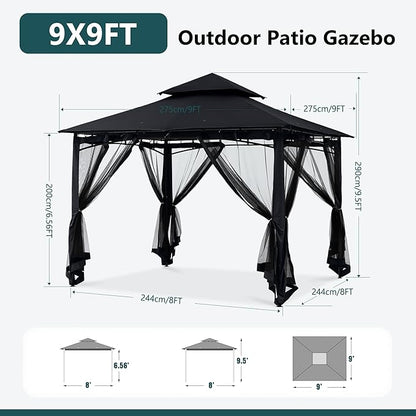 MASTERCANOPY Outdoor Garden Gazebo for Patios with Stable Steel Frame and Netting Walls (9x9,Black)