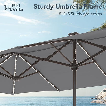 PHI VILLA 13ft Patio Umbrella with 120 PCS Solar-Powered LED Color-Changing Lights, Double-Sided Large Rectanglular Umbrella Outdoor for Table with Crank Lift,Light Grey(No Base)