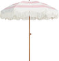 AMMSUN Boho Fringe Umbrella Outdoor Patio, 6.5ft UPF50+ Picnic Umbrella with Tassels with Steel Pole and Push Button Tilt, Pink Stripes
