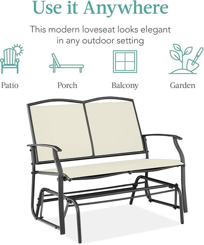 Best Choice Products 2-Person Outdoor Patio Swing Glider Steel Bench Loveseat Rocker for Deck, Porch w/Textilene Fabric, Steel Frame - Ivory/Gray