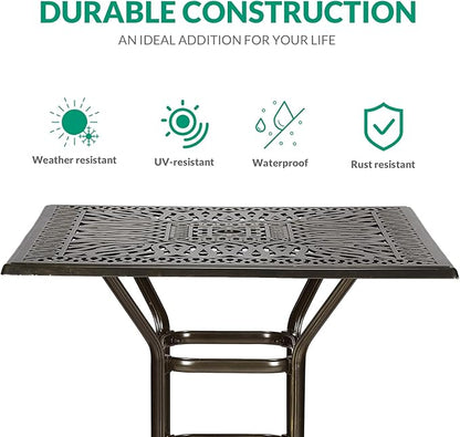 VIVIJASON 5-Piece Bar Height Patio Dining Set, Rust-Free Cast Aluminum Outdoor Table and Chairs Set with 4 Swivel Bar Stools, Cushions & 35.4" High Bar Table w/Umbrella Hole for Deck, Lawn, Garden
