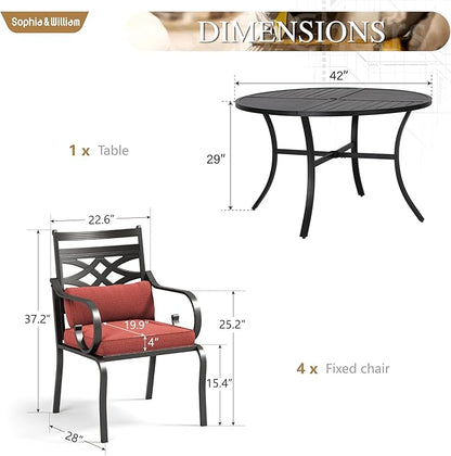 Sophia and William Outdoor Patio Dining Set for 4, Outdoor Table and Chairs, Removable Seat Cushions, Black 42" Round Patio Dining Table,Red