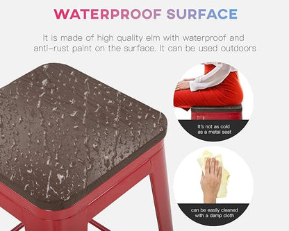 FDW Metal Bar Stools Counter Height Barstool Stackable Barstools Indoor Outdoor Patio Bar Stool Home Kitchen Dining Stool Backless Bar Chair (Red with Wood, 24")