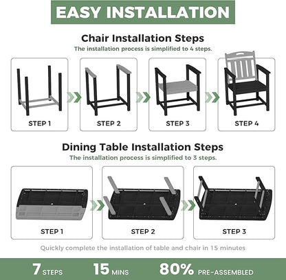 HDPE Outdoor Dining Set, Patio Table and Chairs Set, All-Weather 7-Piece Outside Table and 6 Chairs, 2" Umbrella Hole, Outdoor Furniture for Garden, Poolside, Backyard, Deck | Black