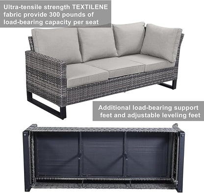 Belord Patio Sectional Furniture Set with Fire Pit Table: 8 Pieces Wicker Patio Conversation Set with L Shaped Sofa, Outdoor Swivel Glider Rocker, Rattan Ottomans, Removable Cushions Beige