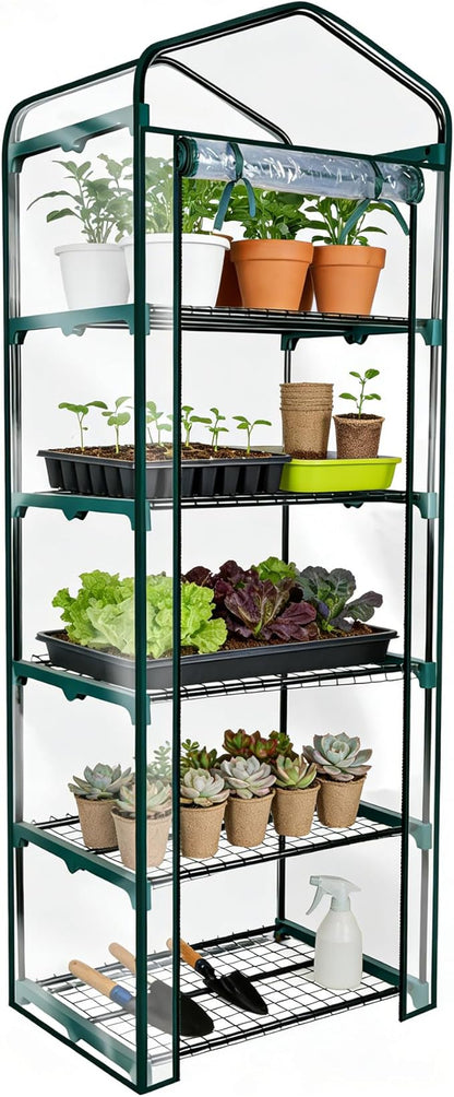 Worth Garden 5 Tier Mini Greenhouse - 75'' H x 27'' L x 19'' W - Sturdy Portable Gardening Shelves with PVC Cover - Small Porch Green House for Growing Plants Flowers Indoor & Outdoor
