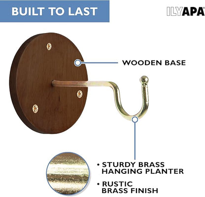 Ilyapa 3 Pack Metal Wall Plant Hangers - 5 Inch Plant Hanger for Indoor - Rustic Brass Finish Hooks for Hanging Plants, Baskets, and Macrame - Indoor Hangers for Plants, Lanterns or Wind Chimes