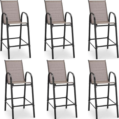 HOMREST Outdoor Bar Height Stools Set of 6,High Back Patio Chairs with Armrests,Textilene Chairs with Breathable Fabric & Metal Frame for All Weather,Taupe