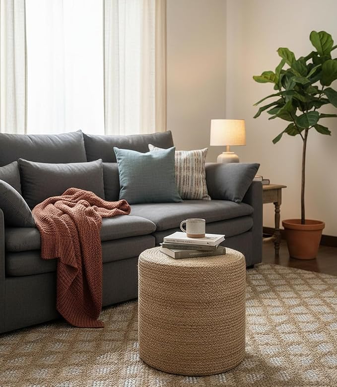 S & L Homes Pouf Ottoman - 100% Natural Jute Braided- Hand Knitted - Traditional Cord Boho Pouffe - for The Living Room, Bedroom, Nursery, Patio, Lounge (16" x 16" x 16")