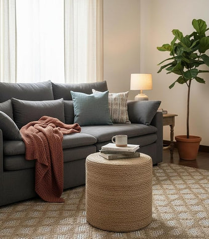S & L Homes Pouf Ottoman - 100% Natural Jute Braided- Hand Knitted - Traditional Cord Boho Pouffe - for The Living Room, Bedroom, Nursery, Patio, Lounge (16" x 16" x 16")