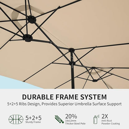 OLILAWN Patio Table Umbrella, 15ft Large Deck Umbrella with Base Included, Outdoor Double-Sided Rectangle Market Umbrella with Aluminium Crank, 12 Sturdy Ribs, for Deck Porch Garden, Cream