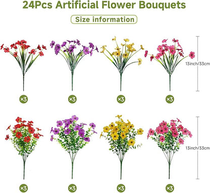 Alupssuc 24 Bundles Artificial Flowers for Outdoors Decoration, UV Resistant Silk Faux Daisy Flora Spring Fake Plastic Plants Greenery for Outside Indoor Yard Home Porch Window Box Decor, Mix 4 Colors