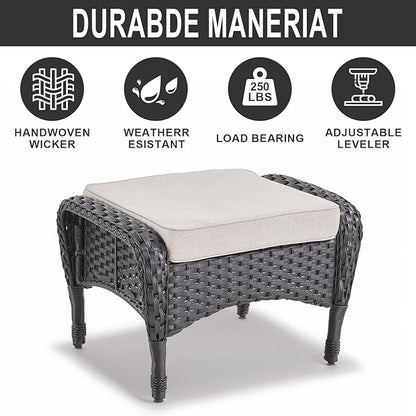 Belord Outdoor Ottomans for Patio Foot Rest - 25 Inch PE Wicker Foot Stool Set of 2 with Removable Cushions for Patio Furniture Sets,All Weather Rattan Ottoman for Balcony Deck Backyard Black