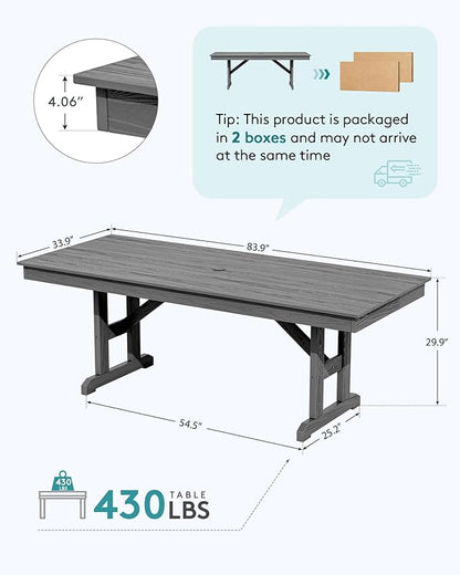 SERWALL Outdoor Dining Table, 84" Rectangular Dining Table for 6-10 Person, All Weather HDPE Outdoor Furniture for Backyard, Garden, Gray