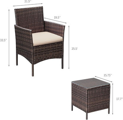 Greesum 3 Pieces Patio Furniture Sets Outdoor PE Rattan Wicker Chairs with Soft Cushion and Glass Coffee Table for Garden Backyard Porch Poolside, Brown and Beige