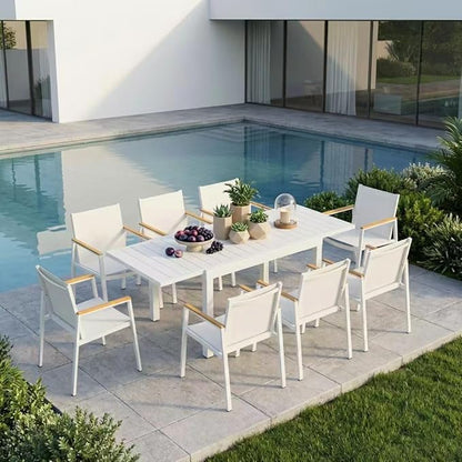 Outdoor Aluminum Patio Dining Table Set for 6-8 Person, Expandable Outdoor Table and 8 Chairs with Textilene Fabric & HDPS Armrest, All-Weather Patio Furniture Set for Yard, Garden, White