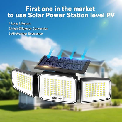 Solar Security Light Outdoor Super Bright LED, Motion Sensor Flood Light, 3 Heads 270° Wide Angle,Remote Control, IP65 Waterproof, 3 Modes (4 Packs)