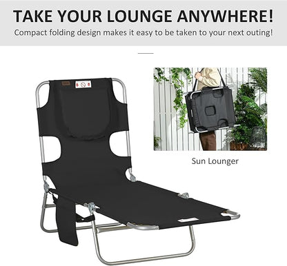 Outsunny Chaise Lounge Chair Outdoor with Face Arm Hole, 5-Position Reclining Face Down Tanning Chair with Carry Strap, Side Pocket, Portable Folding Bed Cot for Patio Beach Pool, Black