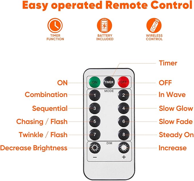 String Lights, Orange 65.6 Ft Battery Powered LED with Remote Control
