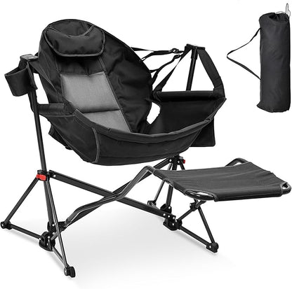 Ainfox Hammock Camping Chair with Footrest, Foldable Portable Rocking Chairs for Adults Outside Swinging Camp with Cup Holder Pillow for Outdoor Patio Poolside (Dark Black)
