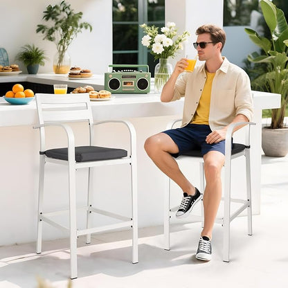 VINGLI Outdoor Bar Stools Set of 2, All-Weather Bar Height Aluminum Stools with 1.6" Thick Cushion, Rust-Proof Patio Chairs for Backyard, Poolside, Balcony & Kitchen Island (White)