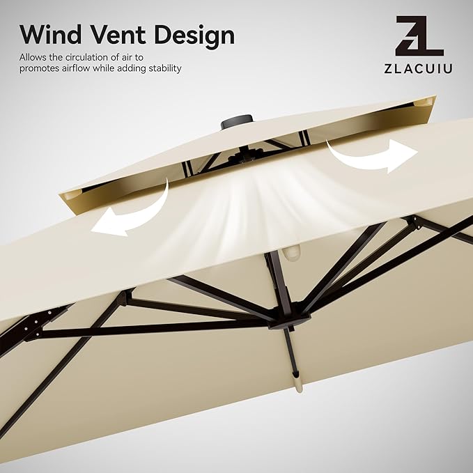 9x12FT Beige Cantilever Outdoor Patio Umbrella with Base, Large Rectangular Offset Design, Double Top Heavy Duty Aluminum Frame & 360° Rotation for Pool Garden Deck Backyard