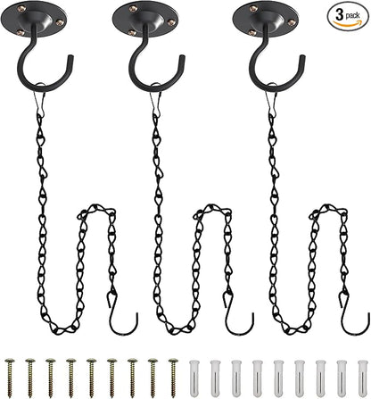 NACETURE Ceiling Hooks for Hanging Plants 3 Pack - Plant Hanger Indoor Hanging Hooks Metal Plant Bracket Iron Lanterns Hangers for Wind Chimes (Black 3 Pack + Chain)
