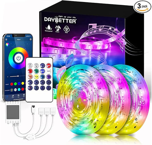 DAYBETTER Led Strip Lights Waterproof, Smart Outdoor Lights, Led Light Strips with Remote, App Control, 5050 RGB Color Changing Led Lights for Bedroom, Roof Eaves, Room Decor 50 ft(3 Rolls of 16.4ft)