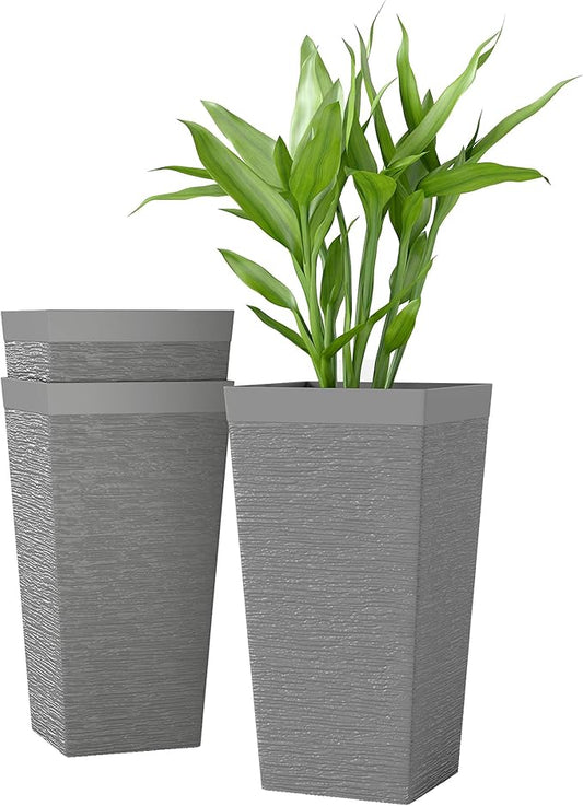 Outsunny 22.8 Inch Tall Planters for Outdoor Plants, Set of 3 Plastic Flower Pots with Stone Finish and Wheels, Stackable Tapered Planters with Drainage Hole for Indoor Plants, Front Porch, Gray