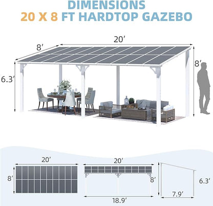 AECOJOY 20' x 8' White Outdoor Gazebo for Patio, Large Wall-Mounted Hard Top 8x20 Lean to Metal Gazebo Shelter Pergolas and Gazebos Clearance with Patio Roof, Heavy Duty Awnings for Patio, Decks