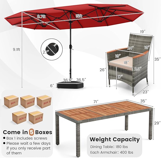 Tangkula 10 Pieces Patio Wicker Dining Set w/Double-Sided Patio Umbrella, Outdoor Acacia Wood Furniture Set w/ 8 Armchairs, 71” Dining Table & 15 ft Umbrella with Weighted Base (Wine)