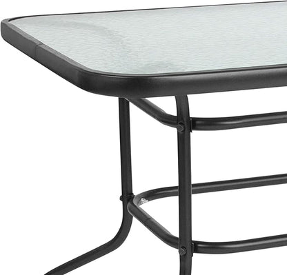 Flash Furniture Tory 31.5" x 55" Rectangular Tempered Glass Metal Patio Table with Umbrella Hole, Modern Rippled Glass Outdoor Dining Table, Black