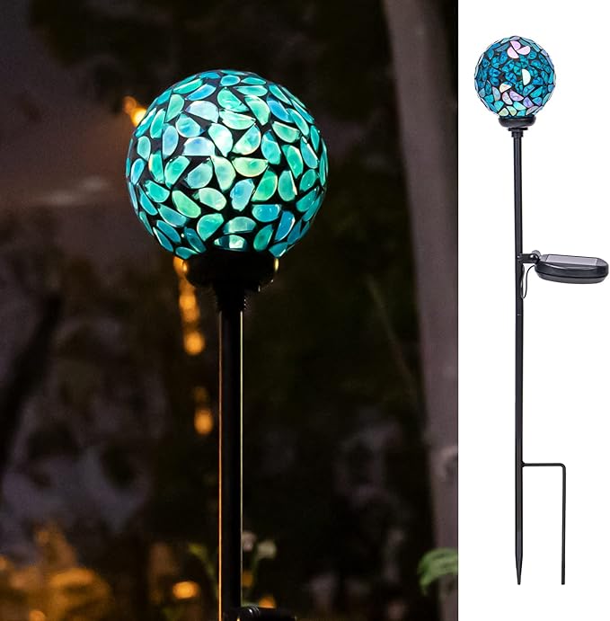 VCUTEKA Solar Lights Outdoor Decorative - Mosaic Solar Garden Light Waterpoof LED Pathway Stake Light for Landscape Lawn Patio Yard Decoration, Blue 1 Pack