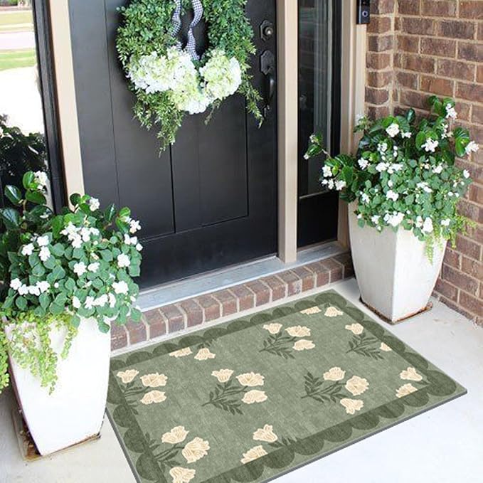 Outdoor Rugs Sage Green Floral Door Mat, 2 x 3 Ft Polyester