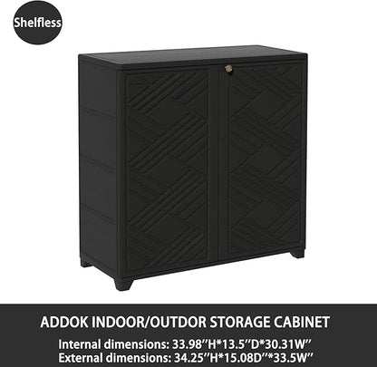ADDOK Indoor Outdoor Plastic Storage Cabinet 34"x15"x34", Outdoor Storage Shed for Living Room, Hallway, Balcony, Garage, Garden, Backyard-Black（W/O Shelf）