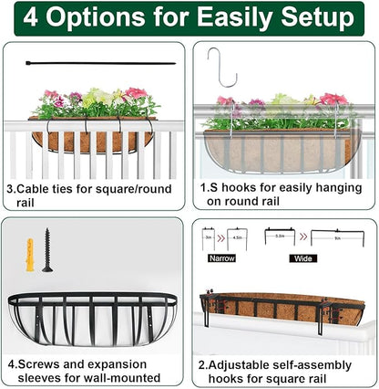 2 Pack 30" Railing Planter Window Box with Coco Fiber Liner Horse Trough Planter The Railing Planter Boxes for Deck Porch Fence Outdoor