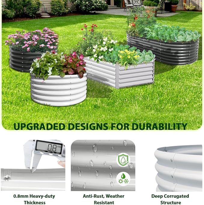 A ANLEOLIFE 12-Set 8X4X2 ft Galvanized Raised Garden Bed Kit, Oval Metal Deep Root Planters for Outdoor Plants, Antique White