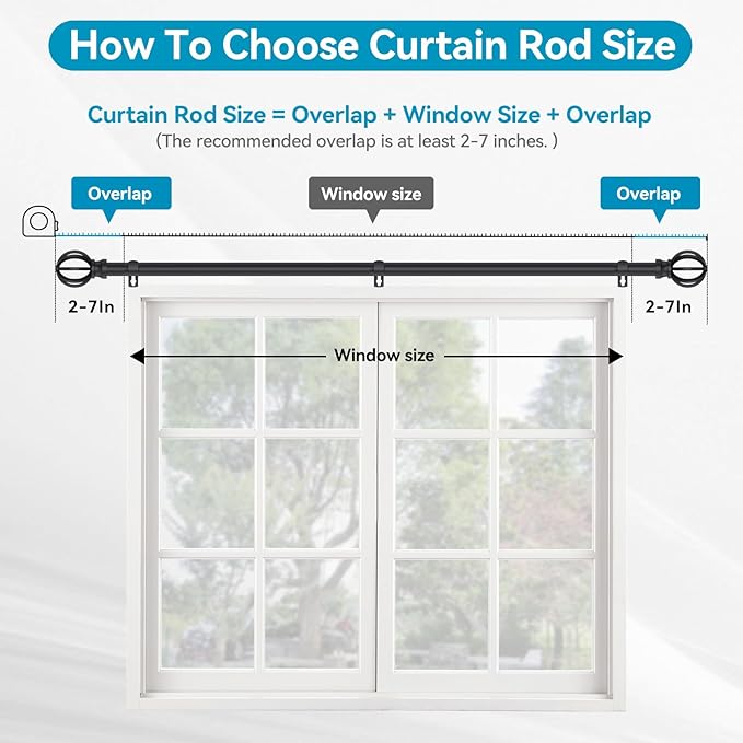 Black Curtain Rods for Windows, 5/8 Inch Heavy Duty 66 to 120” Small Curtain Rod Set with Brackets - Adjustable Drapery Rods for Livingroom, Outdoor Patio, Sliding Door
