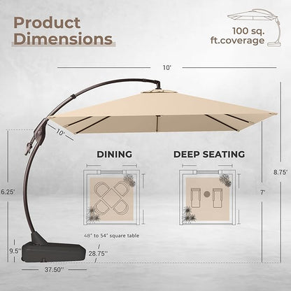 Grand patio 10x10 FT Patio Cantilever Umbrella with Base Outdoor Large Square Tilting Offset Umbrellas for Deck Yard (Champagne, 10x10 FT)