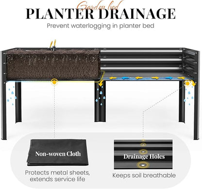 KING BIRD Large Raised Garden Bed with Netting Galvanized Elevated Planter Box with Legs 72×23×55 in for Backyard, Patio, Balcony, 700lb Capacity, Dark Grey