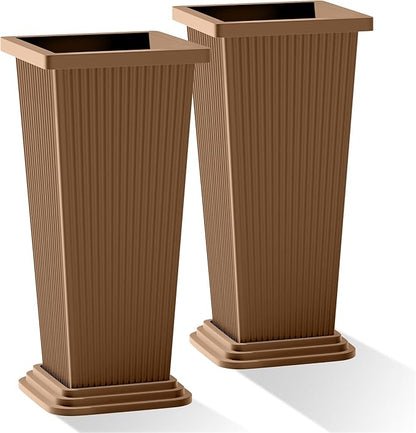 Set of 2 Large Planters for Outdoor Plants 24" Tall Tapered Modern Flower Pots with Drainage Tray for Garden, Patio, Porch (Brown Ribbed)