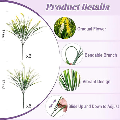 Artificial Faux Plants for Outdoor Spring Decoration, 12 Pcs Fake Monkey Grass for Garden Porch Balcony Planters, Fake Flowers Shrubs UV Resistant No Fade Plants Greenery Bush(Yellow White)
