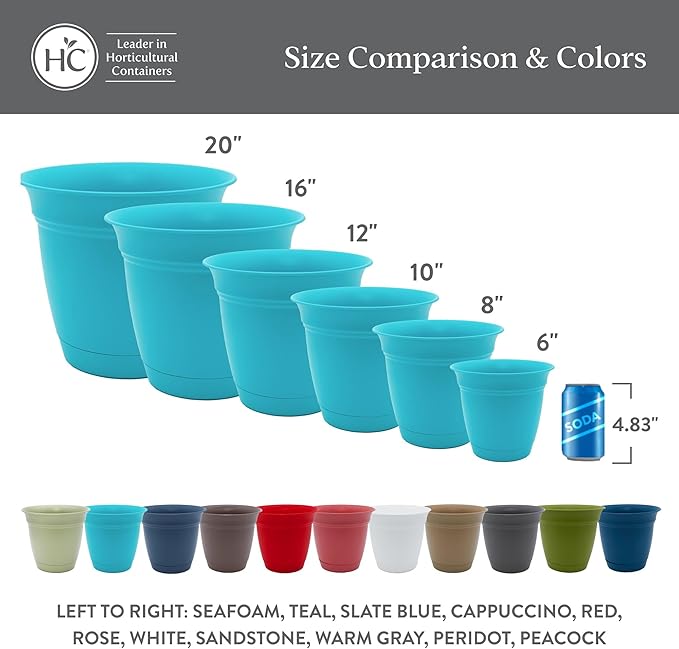 The HC Companies 8 Inch Eclipse Round Planter Pots with Drainage Holes & Attached Saucer, Lightweight UV-Resistant Plastic Indoor Outdoor Planters, 4-Pack Flower Pots for Garden & Home Decor, Peacock