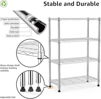 Xcity Storage Shelves, 4 Tier Heavy Duty Metal Shelving Unit, 1600 LBS Capacity Adjustable Steel Wire Shelf Organizer for Pantry, Kitchen, Garage, 14" D x 36" W x 54" H, Chrome