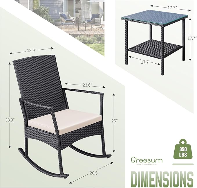 Conversation Set Outdoor Rattan Rocking Chairs with Coffee Table, Beige