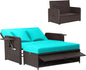 HAPPYGRILL Patio Rattan Wicker Daybed with Loveseat & Storage Ottoman, Outdoor Lounge Sofa Furniture Set with Adjustable Backrest & Side Trays, for Poolside Deck Porch Lawn (Mix Brown & Turquoise)