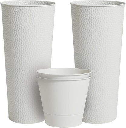 Worth 2 Pack 28" Tall Narrow Metal Planter with Inside Pot for Indoors or Outdoors, Deck, Patio or Front Porch, Hand-Hammered Texture, White