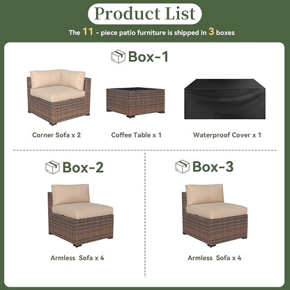 Aoxun 11 Piece Patio Furniture Set Wicker Rattan Patio Conversation Set Outdoor Sectional Sofa Set with Coffee Table and Thickened Cushions, Beige(Waterproof Cover Included)