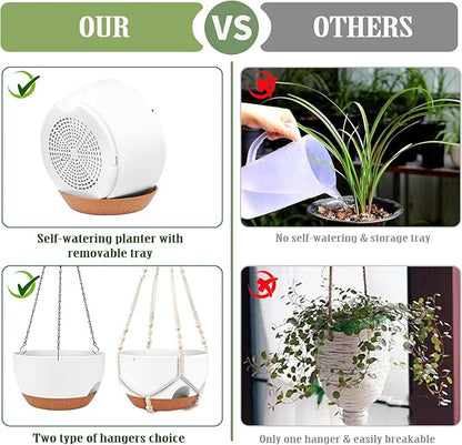 Hanging Planters for Outdoor Indoor Plants, 2 Pack 10 Inch Hanging Basket Plants Outdoor, Self Watering Hanging Planter with Plant Hanger for Garden Home Decoration (White, 10 inch)