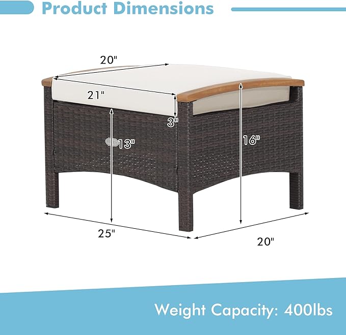 Tangkula 2 Piece Patio Rattan Ottomans, Outdoor Wicker Footstool w/Acacia Wood Handles, Soft Zippered Cushions, 3-in-1 Function Footstool Seat & Side Table for Backyard, Balcony, Poolside (Off White)